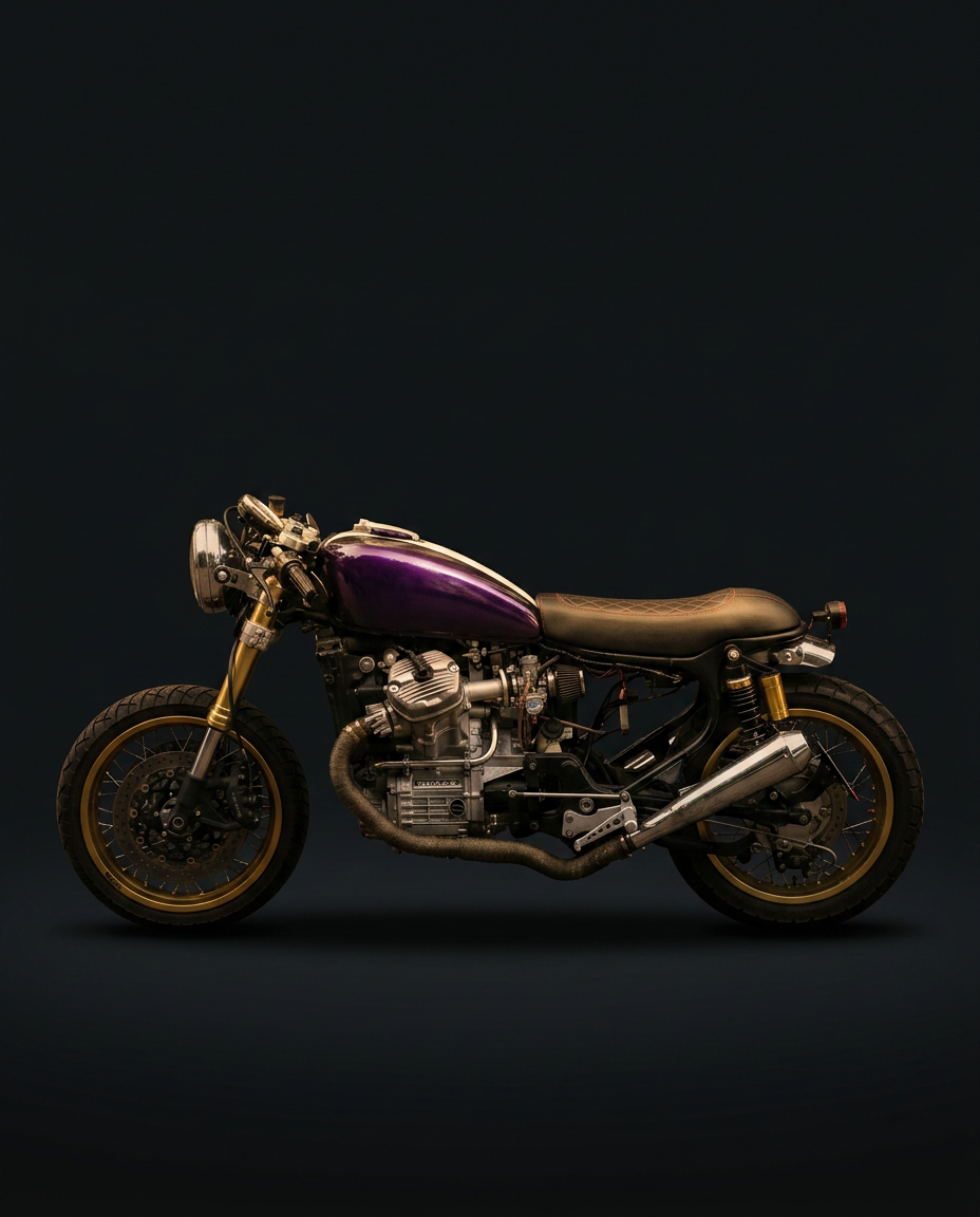Founder's first build — 1979 Honda CX500 cafe racer with CBR600RR front forks, Mikuni carbs, straight exhaust, and custom seat