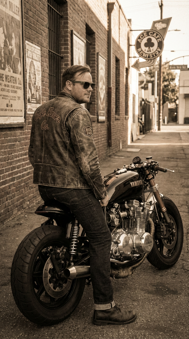 Jonathan, founder of Cafe Racer Co., on a vintage cafe racer outside the Ace Cafe