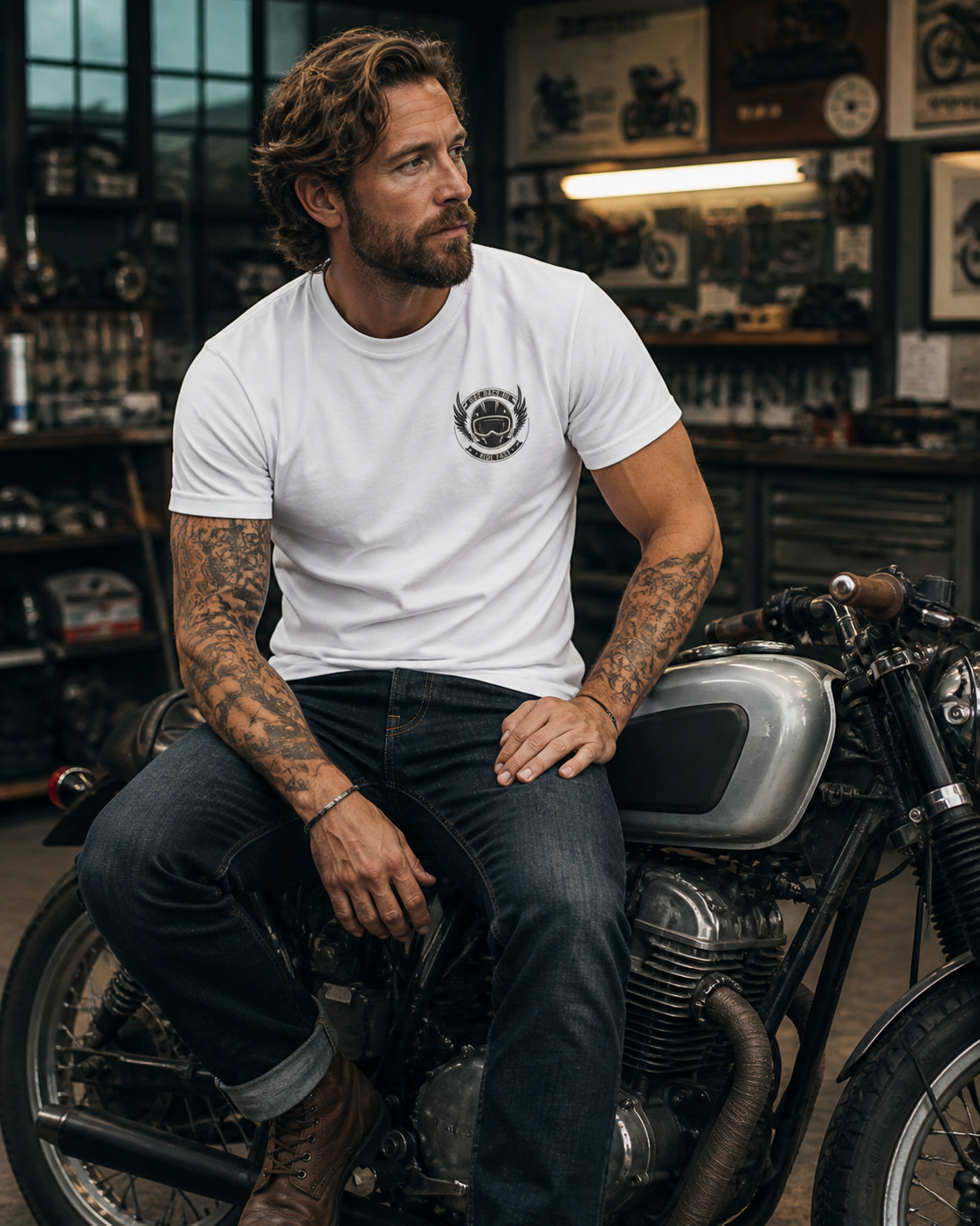 Builder on a cafe racer in the workshop wearing Cafe Racer Co. tee